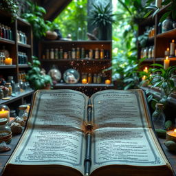 An open grimoire with mystical stardust emanating from its pages, set against an apothecary-style background filled with shelves of crystals, crystal balls, vials, and candles