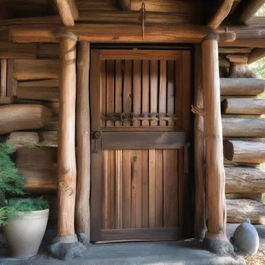 The rustic cabin was adorned with an abatis-inspired wooden gate at its entrance.