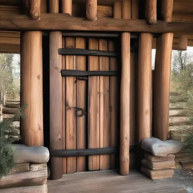 The rustic cabin was adorned with an abatis-inspired wooden gate at its entrance.