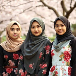 Three Japanese women wearing hijabs, depicted in full body view