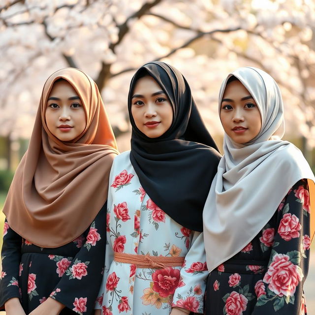 Three Japanese women wearing hijabs, depicted in full body view