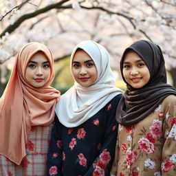 Three Japanese women wearing hijabs, depicted in full body view