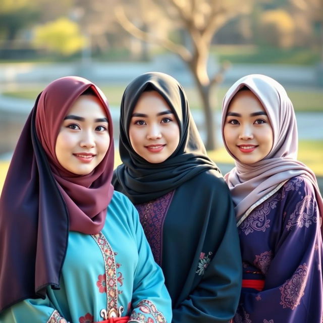 Three beautiful Japanese women wearing hijabs, showcasing their full bodies