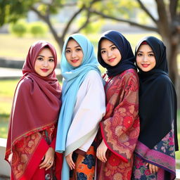 Three beautiful Japanese women wearing hijabs, showcasing their full bodies