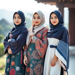 Three beautiful Japanese women wearing hijabs, showcasing their full bodies