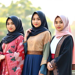 Three beautiful Japanese women wearing hijabs, showcasing their full bodies