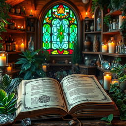 A beautiful open grimoire with mystical stardust emanating from its pages, set against a backdrop of apothecary shelves filled with crystals, crystal balls, vials, and candles