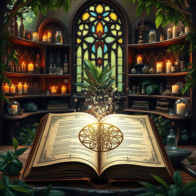 A beautiful open grimoire with mystical stardust emanating from its pages, set against a backdrop of apothecary shelves filled with crystals, crystal balls, vials, and candles