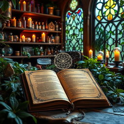 A beautiful open grimoire with mystical stardust emanating from its pages, set against a backdrop of apothecary shelves filled with crystals, crystal balls, vials, and candles