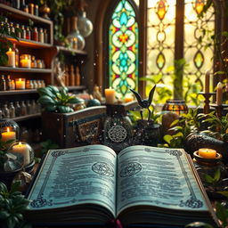 A beautiful open grimoire with mystical stardust emanating from its pages, set against a backdrop of apothecary shelves filled with crystals, crystal balls, vials, and candles