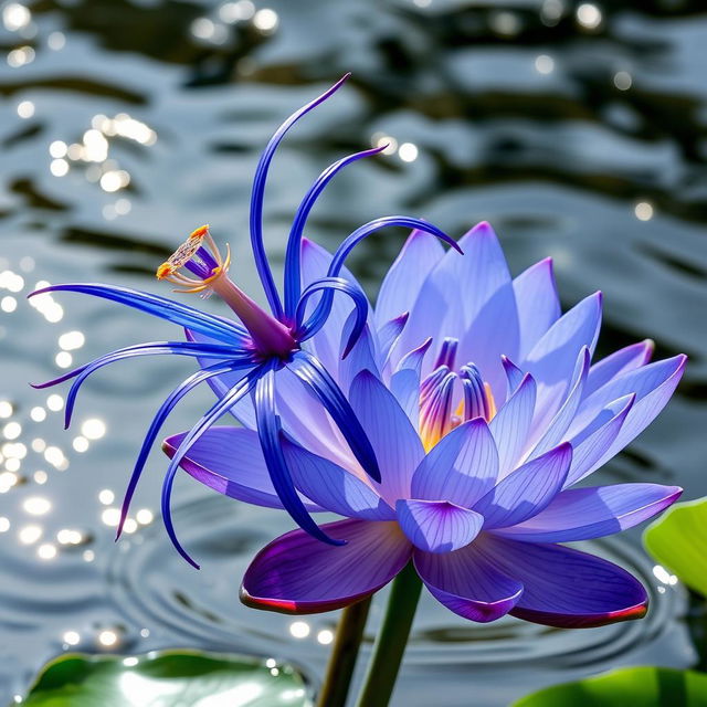 A vivid blue spider lily entwined with a beautiful blue lotus flower, set against a serene water background that reflects shimmering light