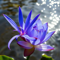 A vivid blue spider lily entwined with a beautiful blue lotus flower, set against a serene water background that reflects shimmering light