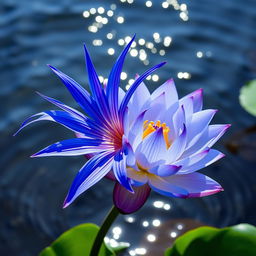 A vivid blue spider lily entwined with a beautiful blue lotus flower, set against a serene water background that reflects shimmering light