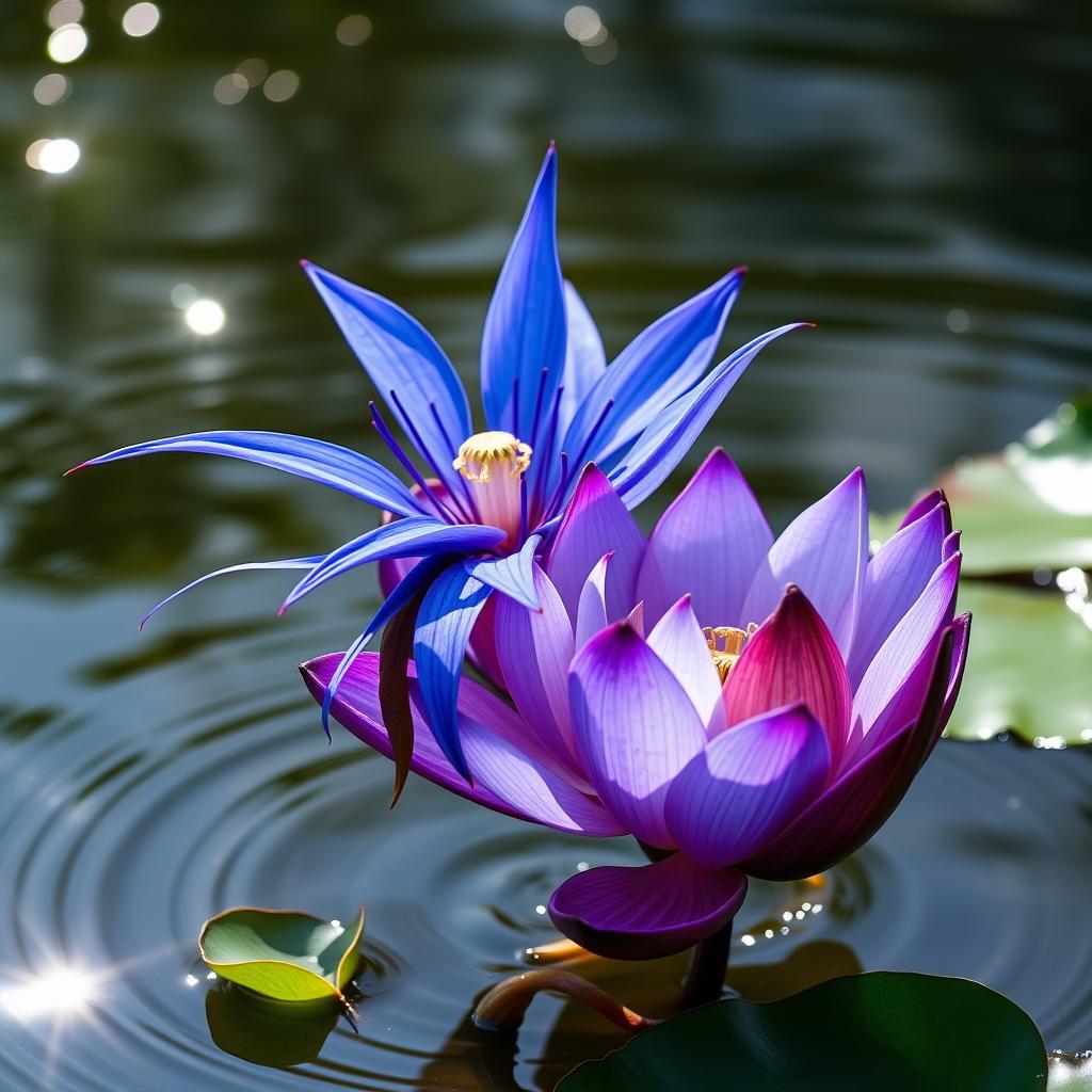 A vivid blue spider lily entwined with a beautiful blue lotus flower, set against a serene water background that reflects shimmering light