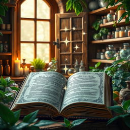 An open grimoire with mystical stardust emanating from its pages, set against an apothecary-style background filled with shelves of crystals, crystal balls, vials, and candles