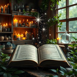An open grimoire with mystical stardust emanating from its pages, set against an apothecary-style background filled with shelves of crystals, crystal balls, vials, and candles