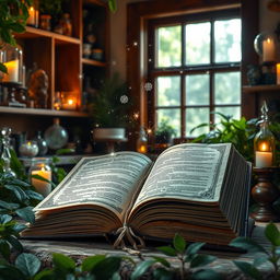 An open grimoire with mystical stardust emanating from its pages, set against an apothecary-style background filled with shelves of crystals, crystal balls, vials, and candles
