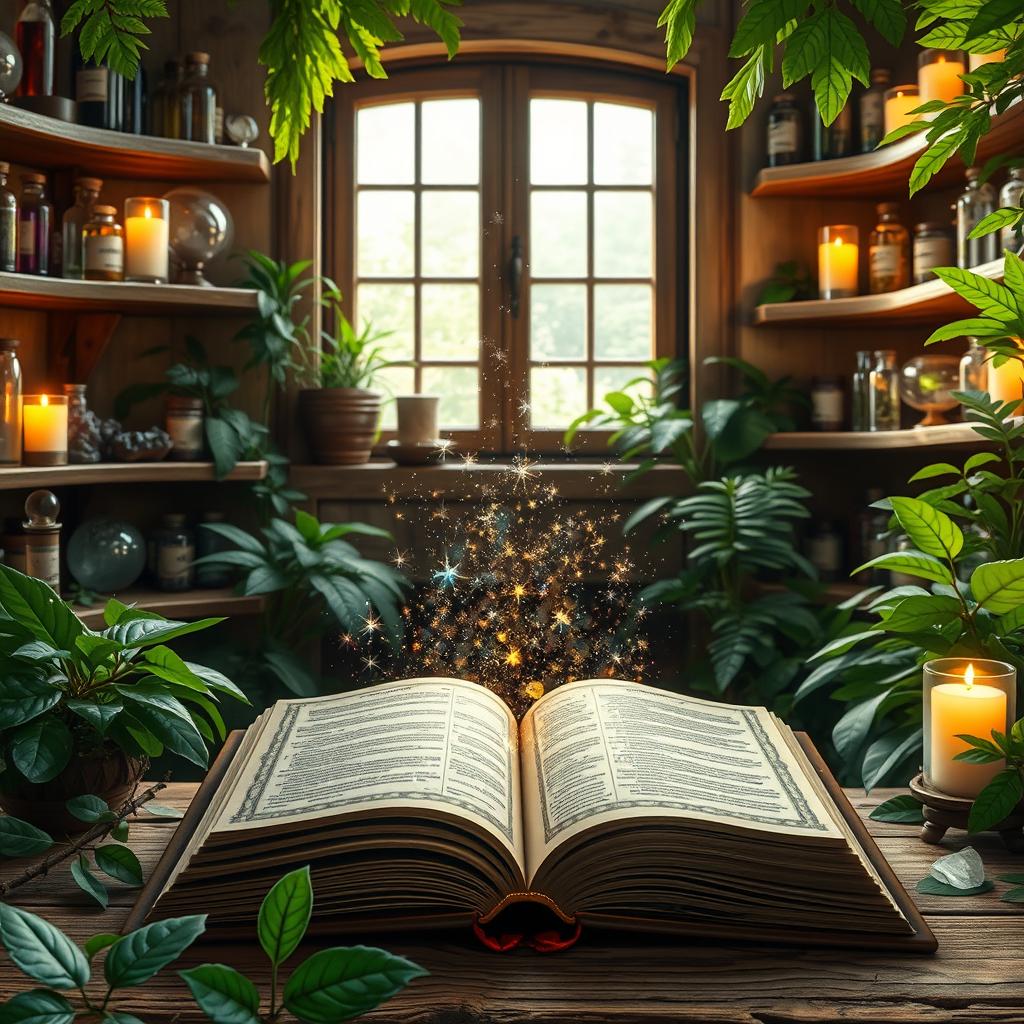 An open grimoire with mystical stardust emanating from its pages, set against an apothecary-style background filled with shelves of crystals, crystal balls, vials, and candles