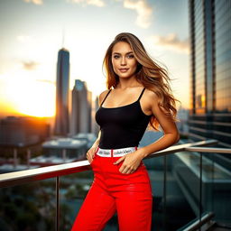 A stylish and trendy model posing in a luxurious urban setting, wearing a fitted black tank top and bright red high-waisted jeans