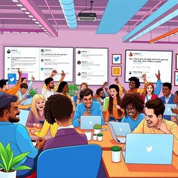 A vibrant and lively scene depicting various users engaging in conversations on Twitter