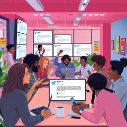 A vibrant and lively scene depicting various users engaging in conversations on Twitter