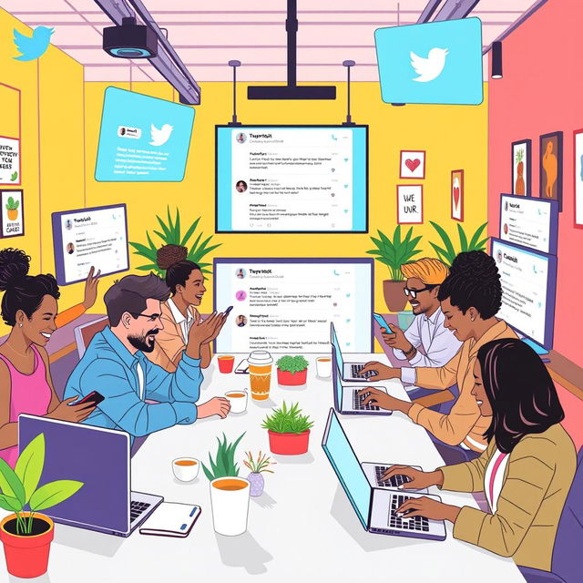 A vibrant and lively scene depicting various users engaging in conversations on Twitter