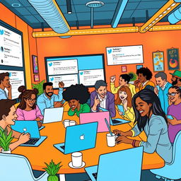 A vibrant and lively scene depicting various users engaging in conversations on Twitter