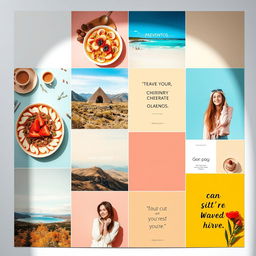 A vibrant and eye-catching Instagram feed layout featuring a mix of colorful photography, creative graphics, and appealing visual aesthetics