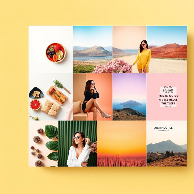 A vibrant and eye-catching Instagram feed layout featuring a mix of colorful photography, creative graphics, and appealing visual aesthetics