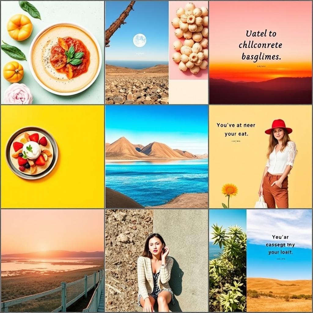 A vibrant and eye-catching Instagram feed layout featuring a mix of colorful photography, creative graphics, and appealing visual aesthetics