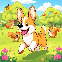 A vibrant and colorful cartoon-style illustration of a playful and energetic corgi dog running through a sunny park, with its tongue hanging out and a happy expression