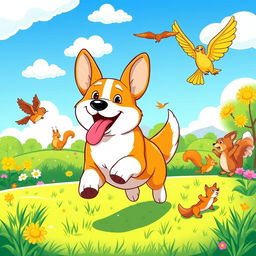 A vibrant and colorful cartoon-style illustration of a playful and energetic corgi dog running through a sunny park, with its tongue hanging out and a happy expression
