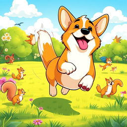 A vibrant and colorful cartoon-style illustration of a playful and energetic corgi dog running through a sunny park, with its tongue hanging out and a happy expression