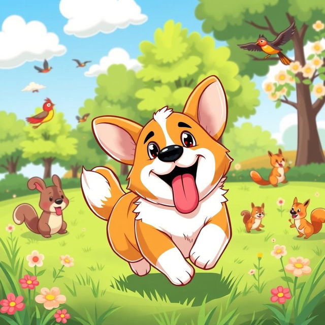 A vibrant and colorful cartoon-style illustration of a playful and energetic corgi dog running through a sunny park, with its tongue hanging out and a happy expression