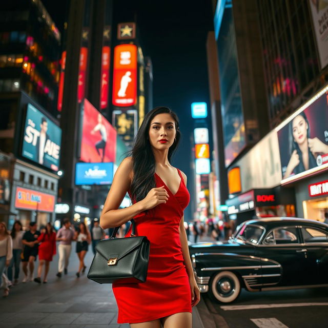 A captivating night scene of a busy city street illuminated by neon lights, featuring a stylish young woman in a fashionable red dress, holding a designer handbag