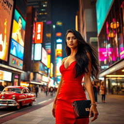 A captivating night scene of a busy city street illuminated by neon lights, featuring a stylish young woman in a fashionable red dress, holding a designer handbag