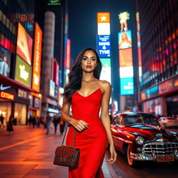 A captivating night scene of a busy city street illuminated by neon lights, featuring a stylish young woman in a fashionable red dress, holding a designer handbag