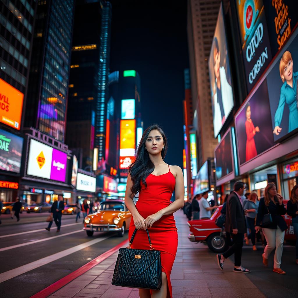 A captivating night scene of a busy city street illuminated by neon lights, featuring a stylish young woman in a fashionable red dress, holding a designer handbag