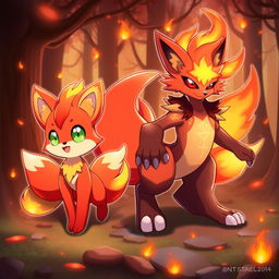 A vibrant and imaginative design of a fire-type Fakemon and its evolution