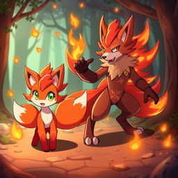 A vibrant and imaginative design of a fire-type Fakemon and its evolution