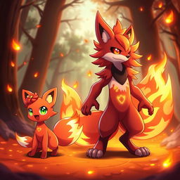 A vibrant and imaginative design of a fire-type Fakemon and its evolution