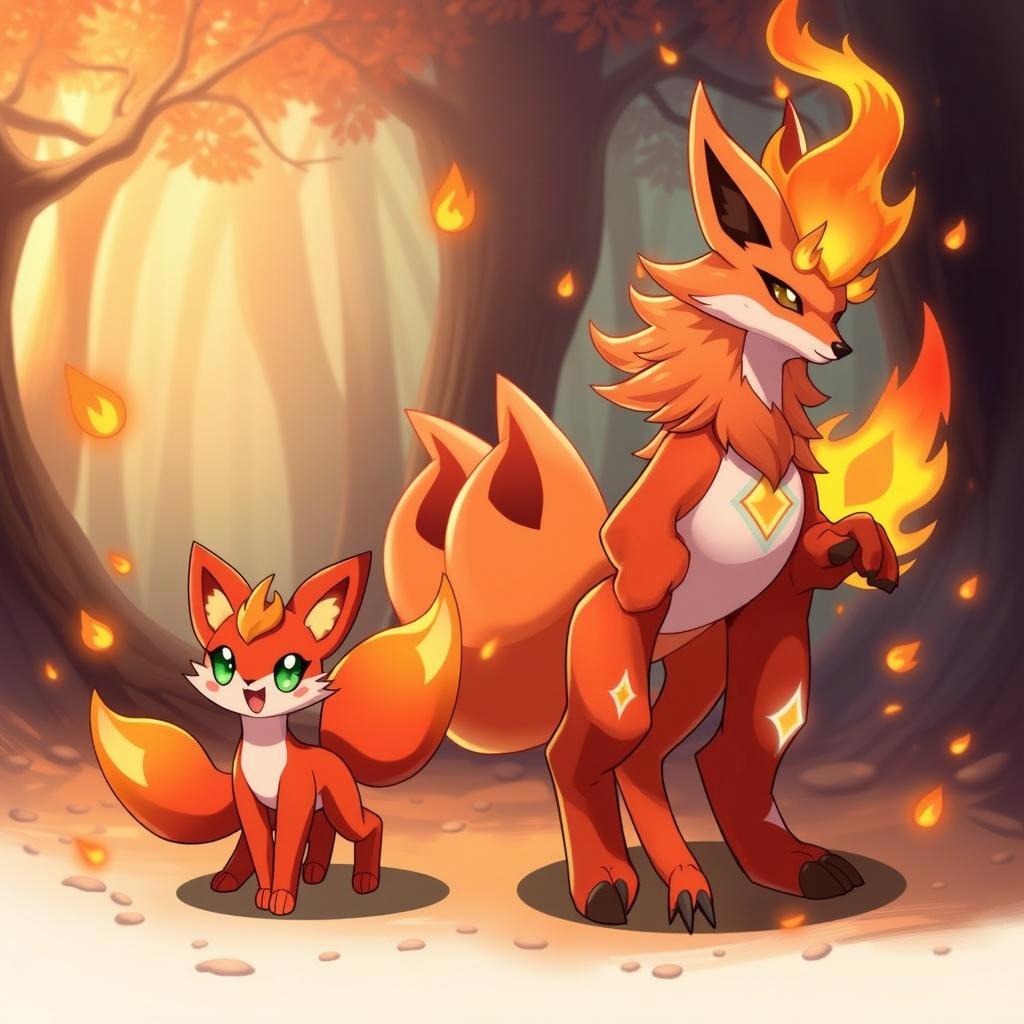 A vibrant and colorful illustration of two fox-like, animated characters in a magical autumn forest
