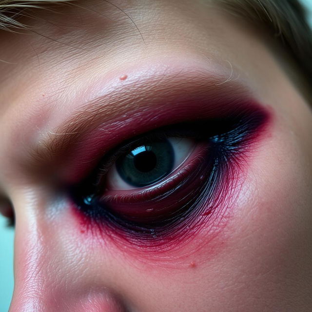 A close-up shot of a person with a realistic fake black eye