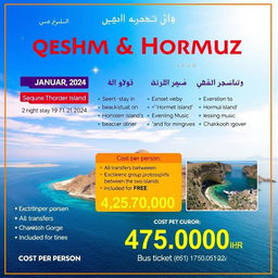 A beautiful promotional poster for a travel package to Qeshm and Hormuz Islands in Iran