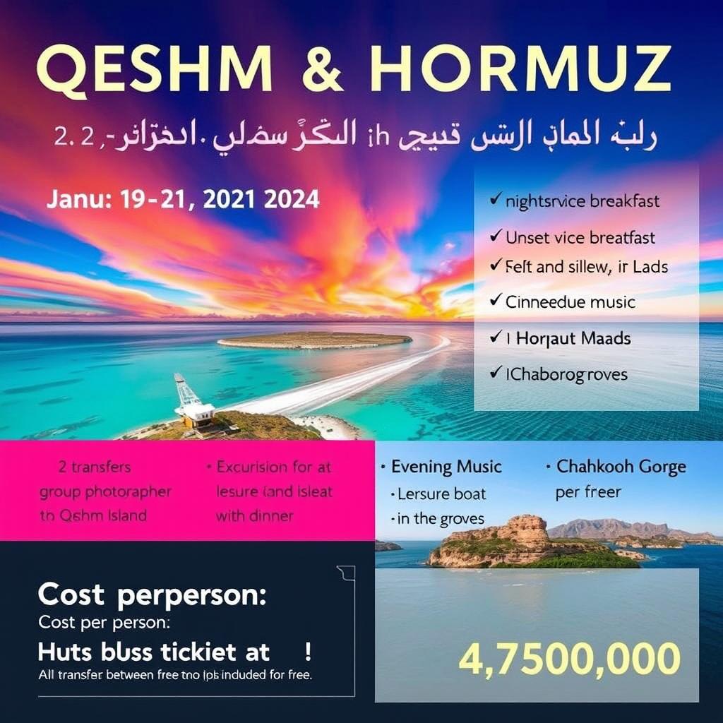 A beautiful promotional poster for a travel package to Qeshm and Hormuz Islands in Iran