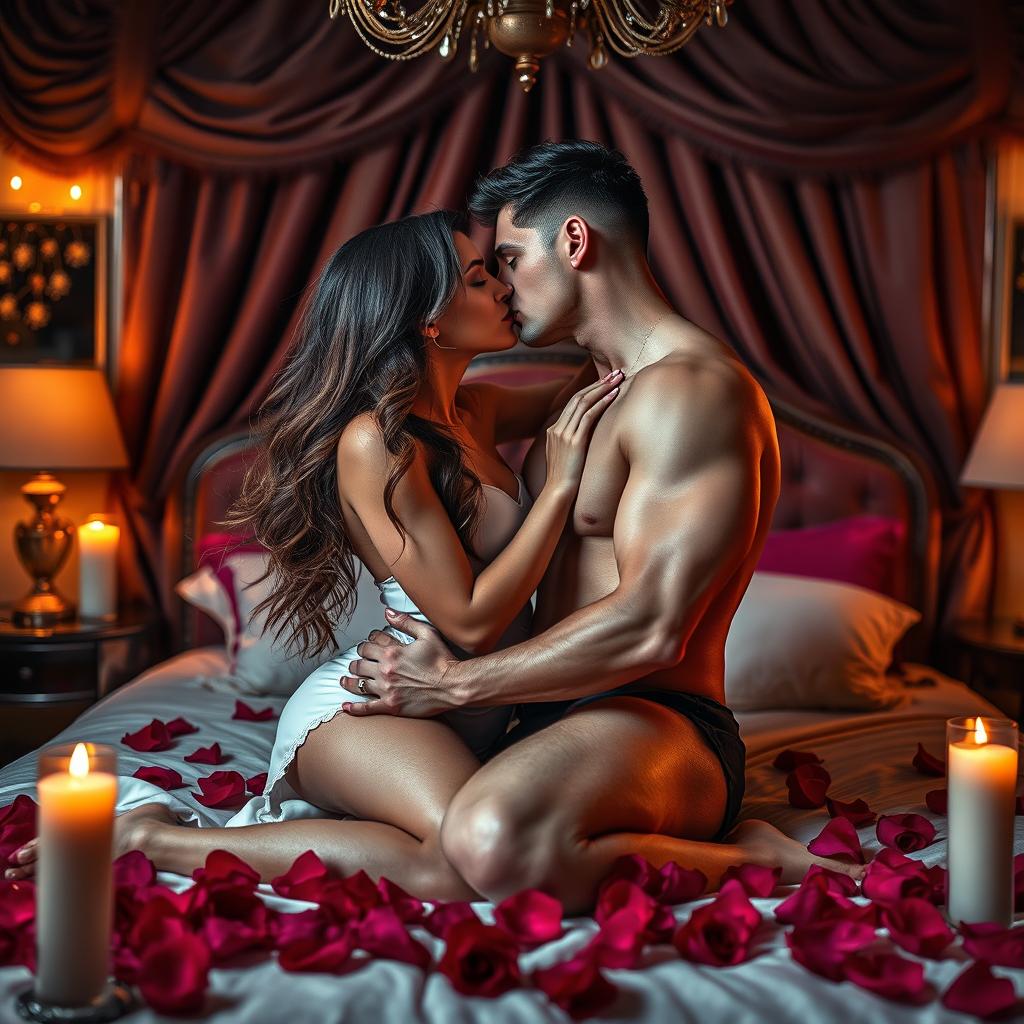 A passionate romantic scene of a couple in an elegant bedroom, softly lit by candlelight