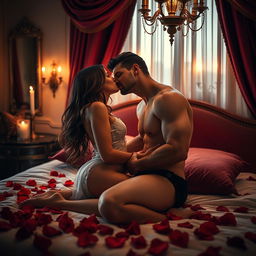 A passionate romantic scene of a couple in an elegant bedroom, softly lit by candlelight