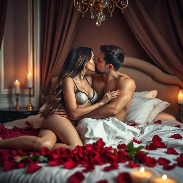 A passionate romantic scene of a couple in an elegant bedroom, softly lit by candlelight