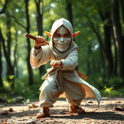 A halfling monk character inspired by Dungeons and Dragons, featuring a detailed white plastic mask reminiscent of those seen in video games