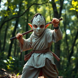 A halfling monk character inspired by Dungeons and Dragons, featuring a detailed white plastic mask reminiscent of those seen in video games